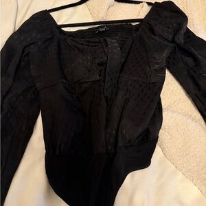 Express Womens Silk Textured Black Thong Bodysuit with Tie Front